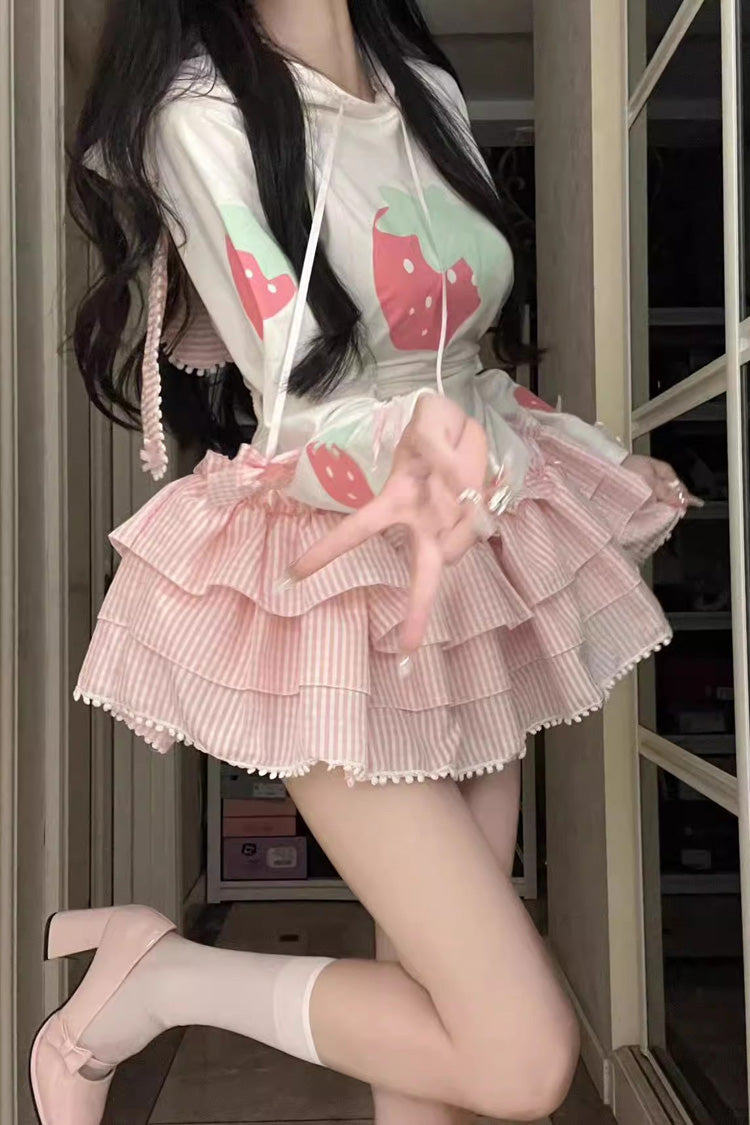Ivory & Pink Long-Sleeve Triple Strawberry Print Hooded Sweet Lolita Dress