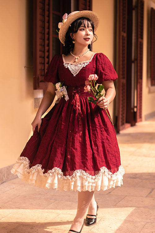 Burgundy Classic Square Neck Short Sleeve Layered Ruffled Elegant Lolita Dress