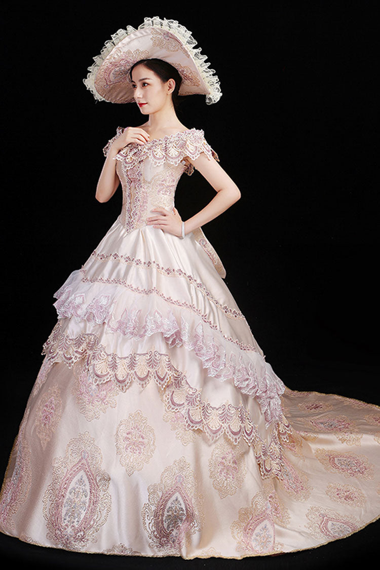Victorian Floral Embroidered Boat-Neck Gown
