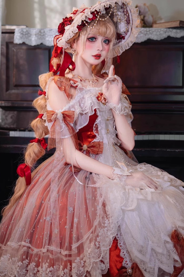 Glazed Phantom Off Shoulder Ruffle Hanayome Bow Lace Elegant Lolita Dress in Red