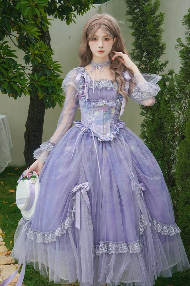 Amethyst Bow-Trimmed Lace Ruffled Long-Sleeve Gothic Dress