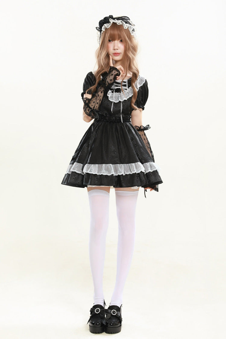 Night Alley Angel Lapel Collar Short Sleeves Jacquard Ruffled Lace Gothic Lolita Dress - Black
