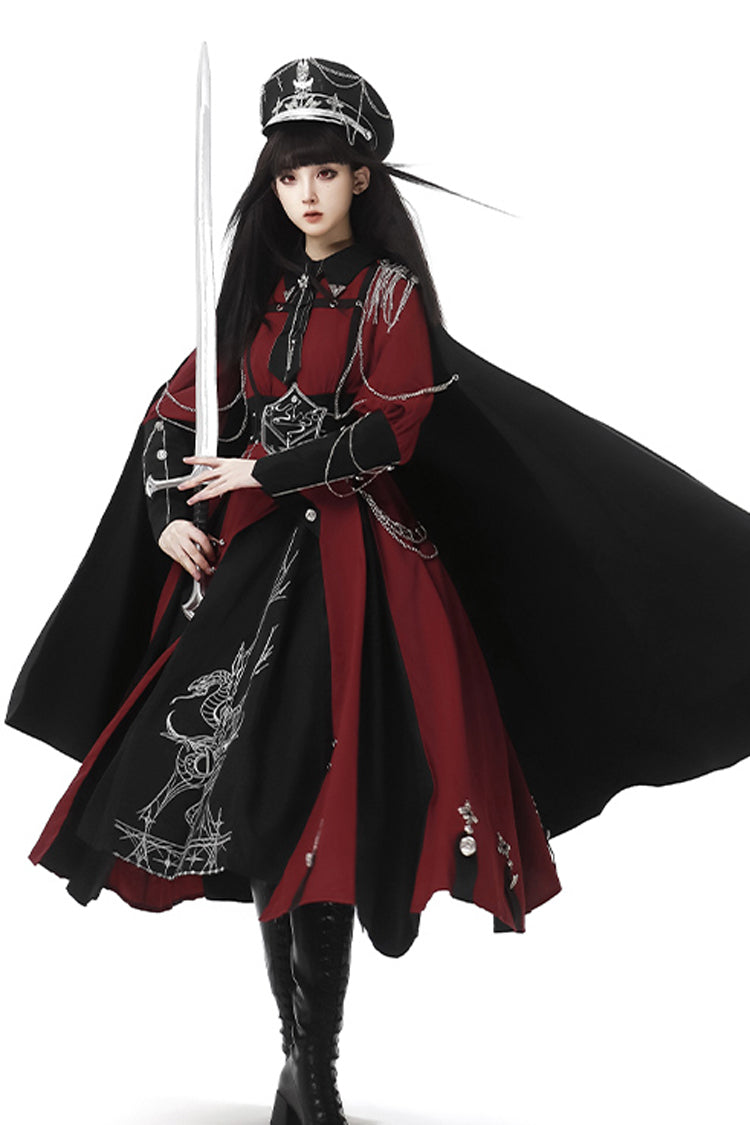 Red Black Metal Chain Print Bow Gothic Military Elegant Lolita Dress