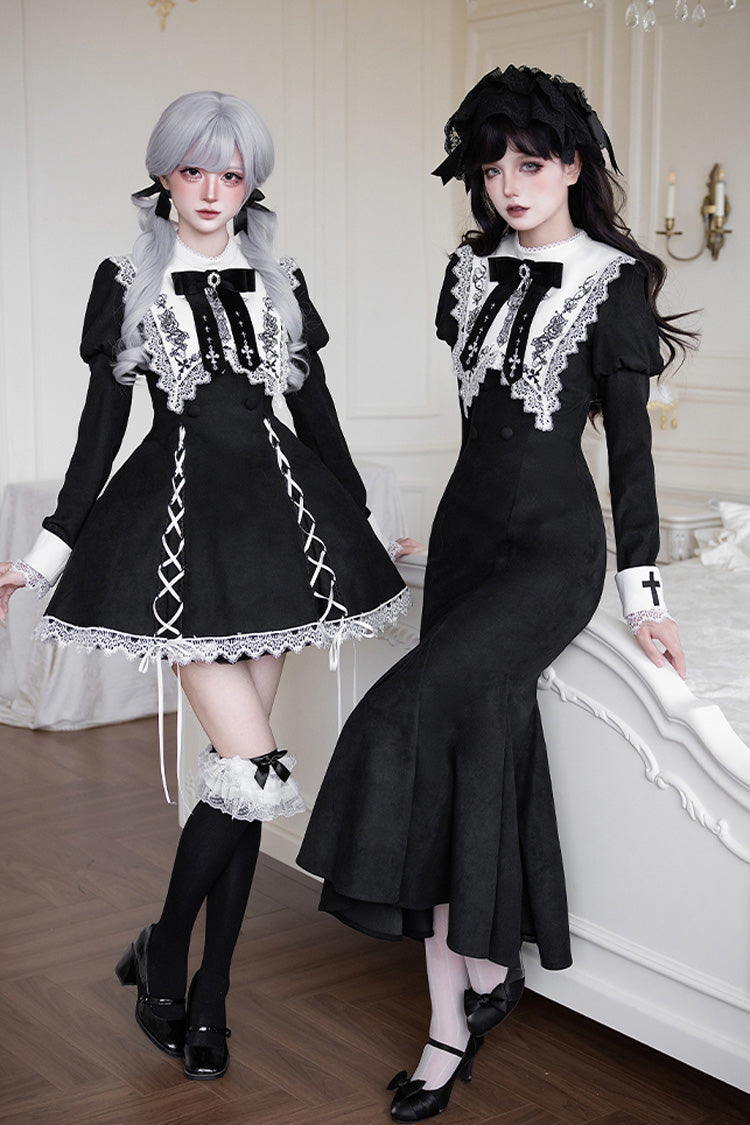 Rose Doll Square Collar Lace-Up Gothic Lolita Dress Set with Bow