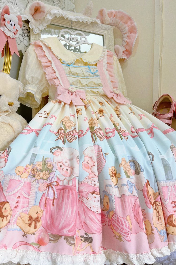 Blue/Pink Sheep Waltz Printed Ruffled Bow Lace Sweet Lolita JSK Dress - Miss Brown