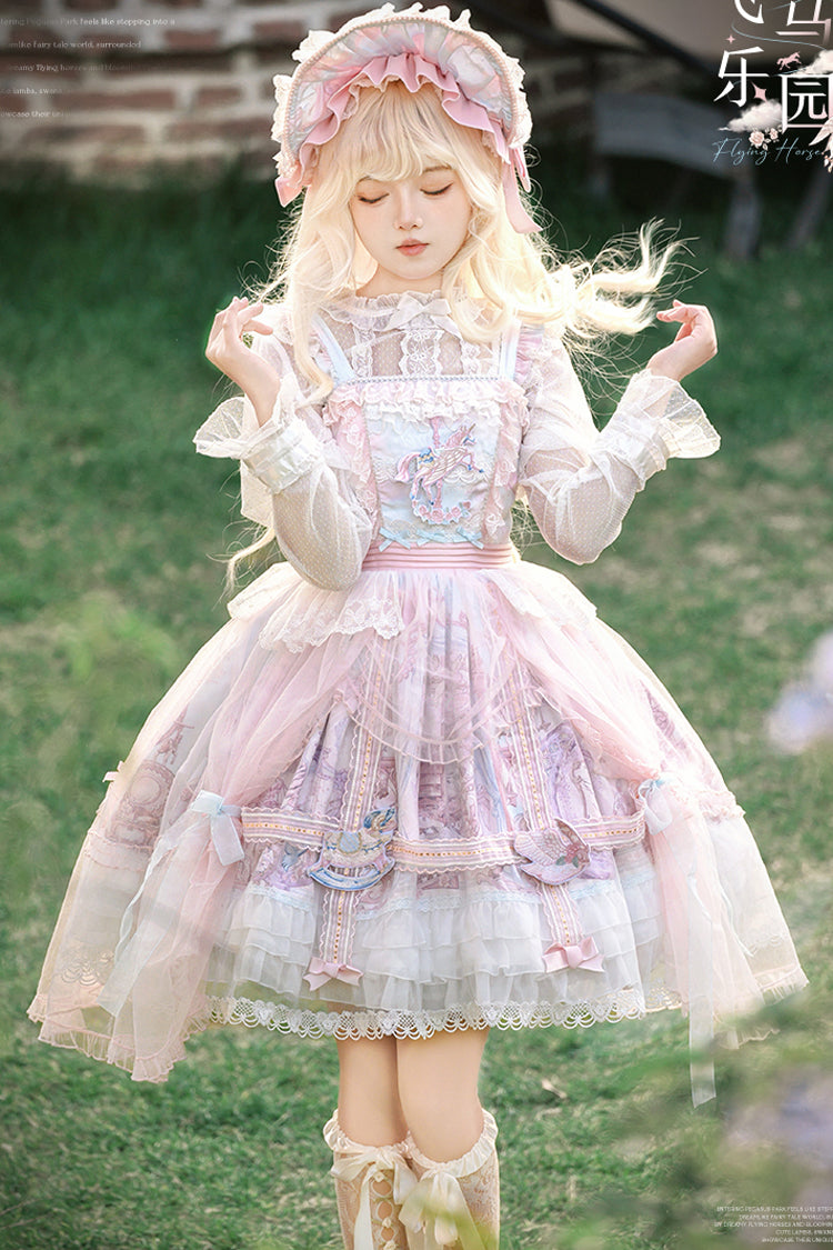 Pink Blue Multi Print Ruffle Bow Lace Sweet Gorgeous Lolita Jsk Dress
