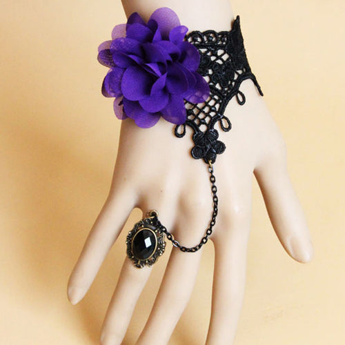 Gothic Lolita Ring Bracelet with Purple Flowers, Black Lace, and Gems