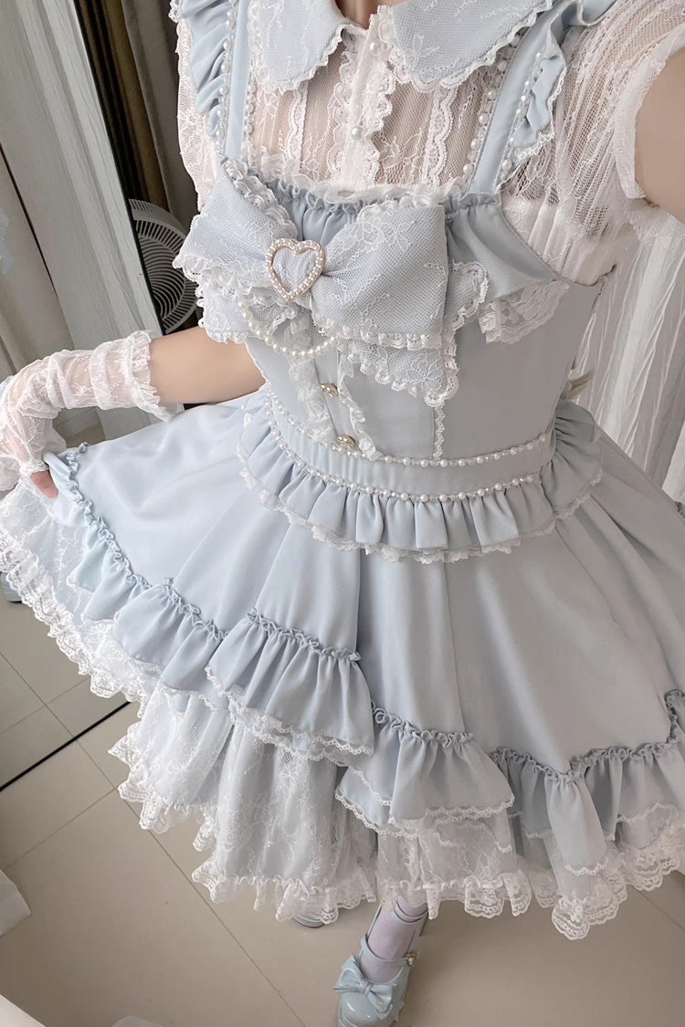 Light Blue Double-Layer Ruffle Bow Lace Sweet Jirai Kei Dress Set