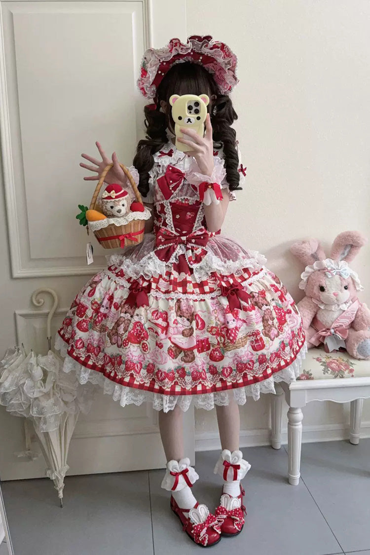 Red Sweet Lolita JSK Dress Printed Bow Lace Lace-Up - Sweet Berry Bunny Bear