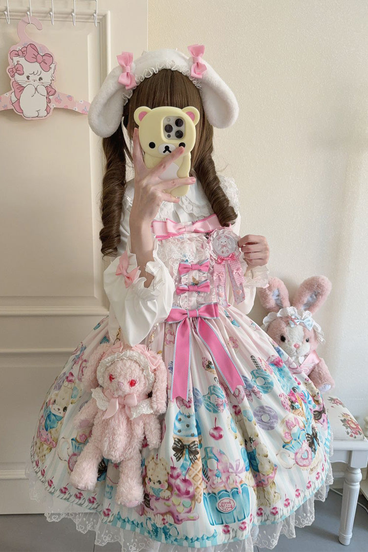 Ivory Bear Print Ruffle Bow Lace Sweet Princess JSK