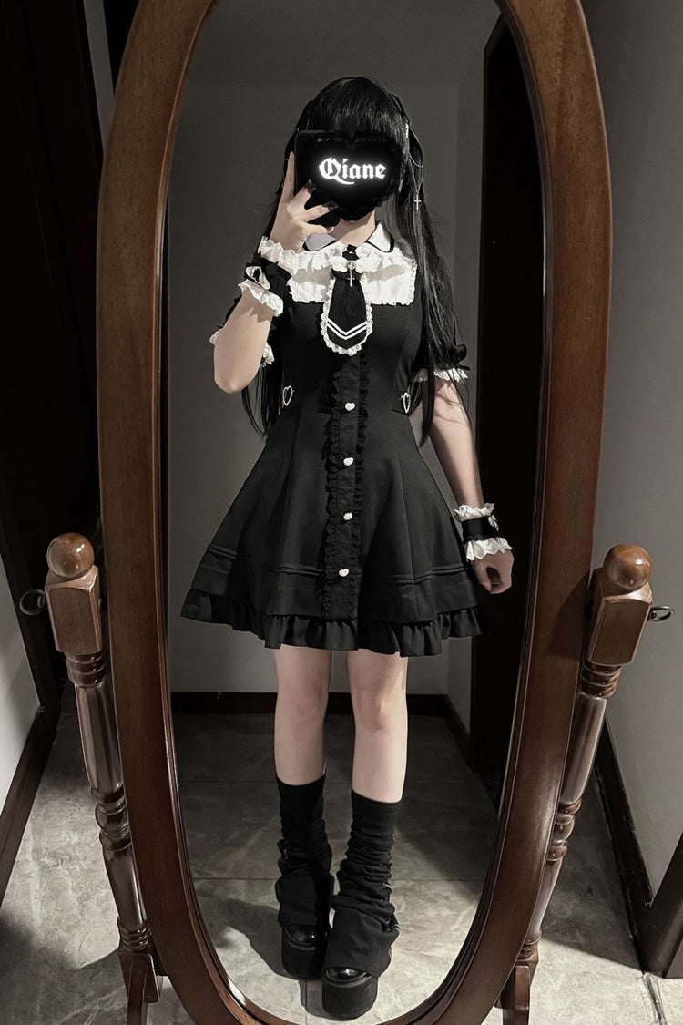 Black Angel Creed Ruffled Bow Stitched Lace Gothic College-Style Dress