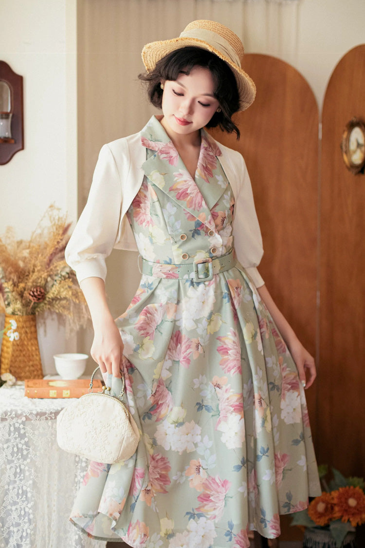 V Collar Printed Vintage Dress - Afternoon Forest