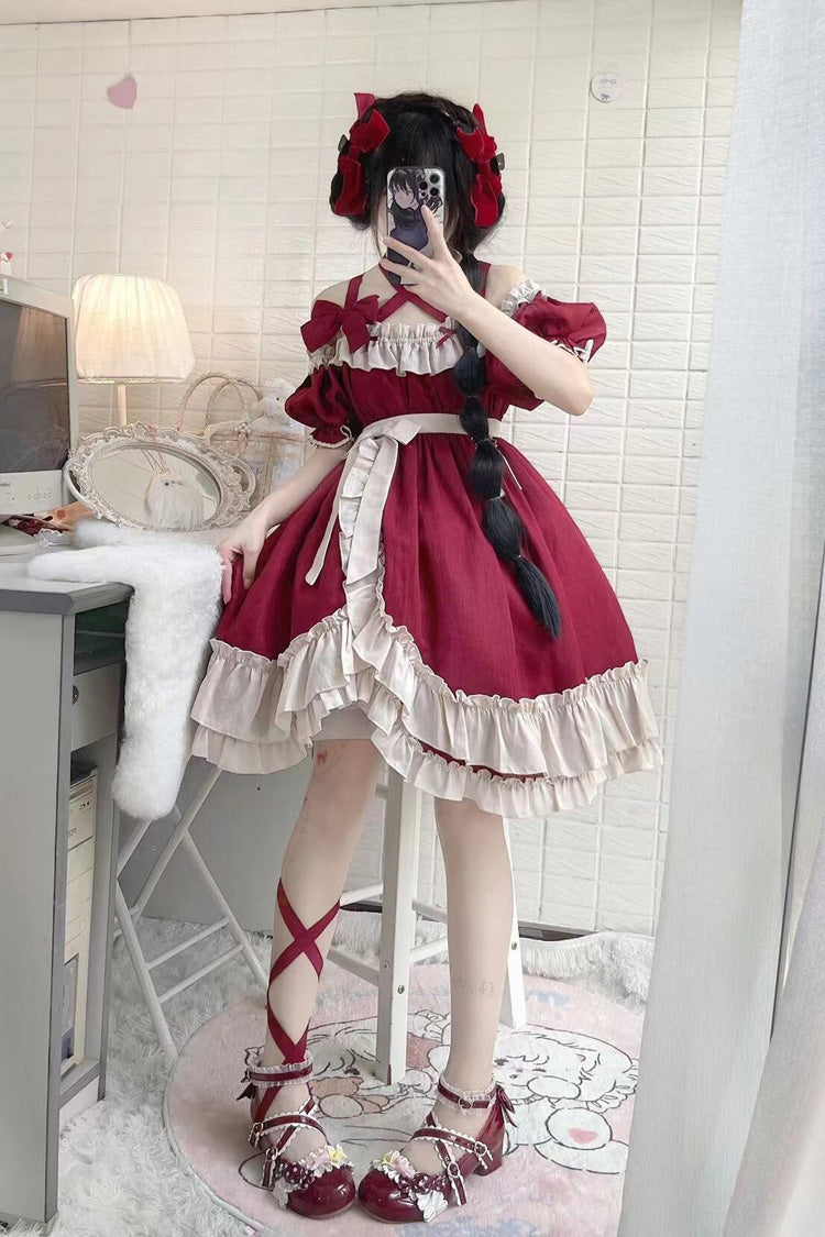 Sleeveless High Waist Ruffle Bow Asymmetric Gothic Lolita Jumper Dress - Red
