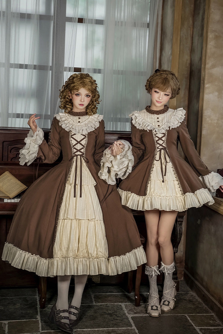Brown Beige Nutcracker Stand Collar Long Trumpet Sleeves Ruffle Cardigan Lace-Up Sweet Lolita Dress Set