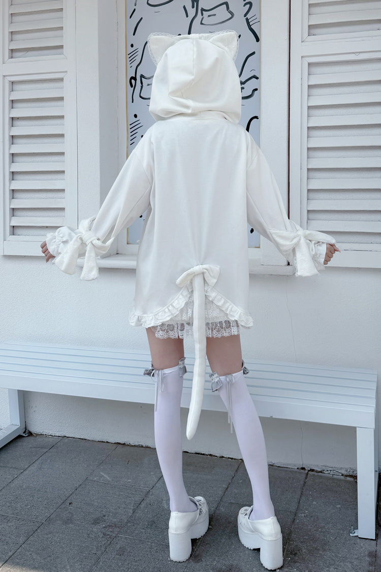 White Long Sleeve Cat Ears Tail Ruffle Bow Hooded Gothic Jirai Kei Coat