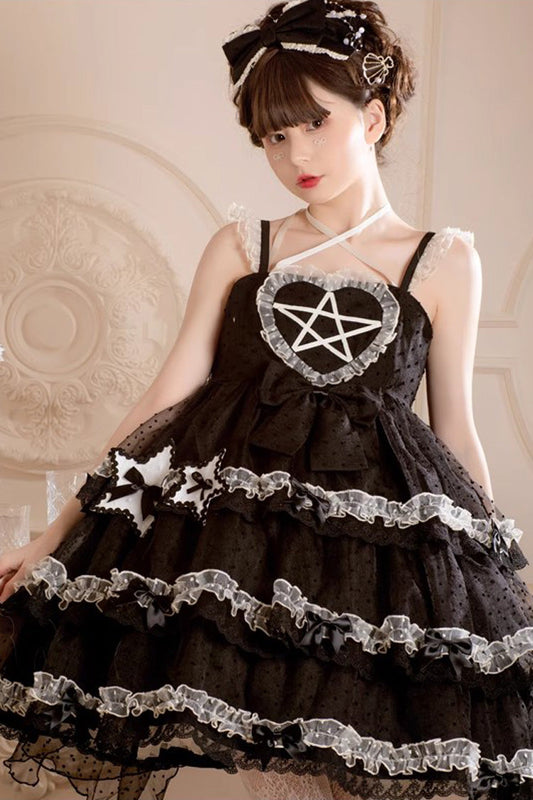 Du Meisha's Star Wish Black Sleeveless Triple-Layered Jacquard Ruffle Bowknot Sweet Gothic JSK Dress