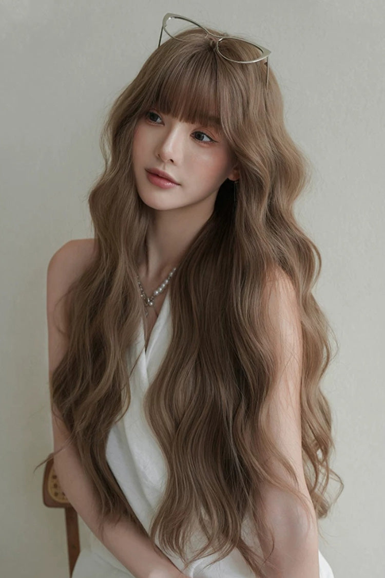 Korean Fluffy Air Bangs Romantic Long Wavy Daily Sweet Lolita Wig, Two Tones