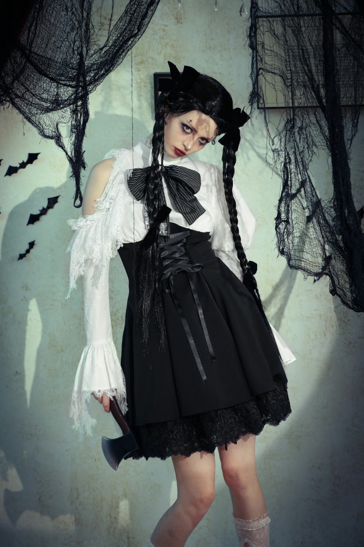 Lace High Collar Asymmetric Long Trumpet Puff Sleeves Bowknot Gothic Short Dress