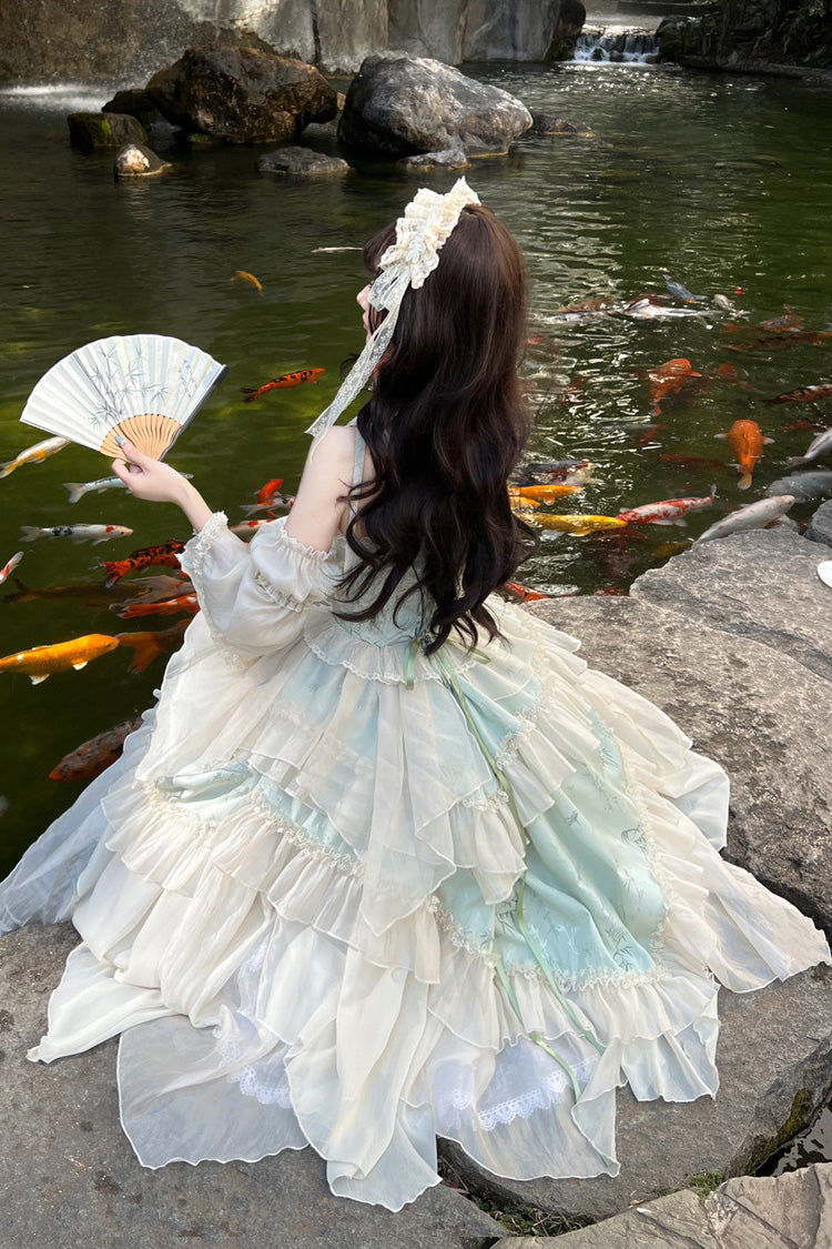Green Tea Bamboo Song Sleeveless Jacquard Ruffle Bow Lace Chinese Ballet Jsk Dress