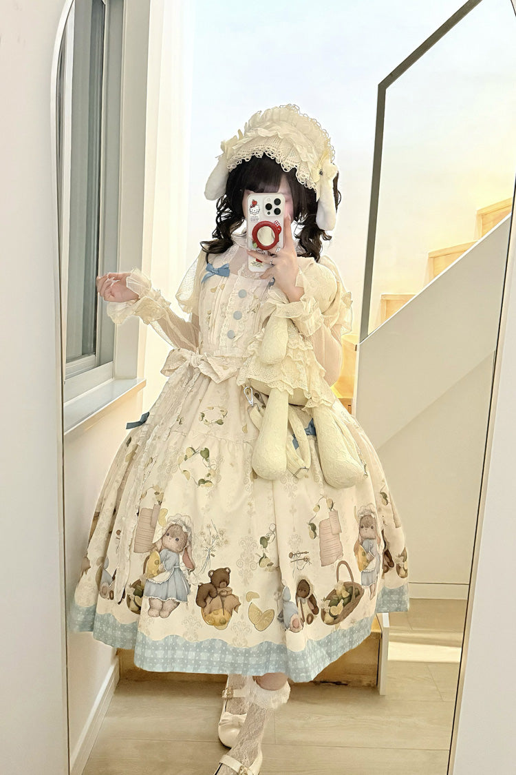 Cream Midsummer Bunny Bear Printed Bow Frilled Sweet Lolita Dress Two Variants
