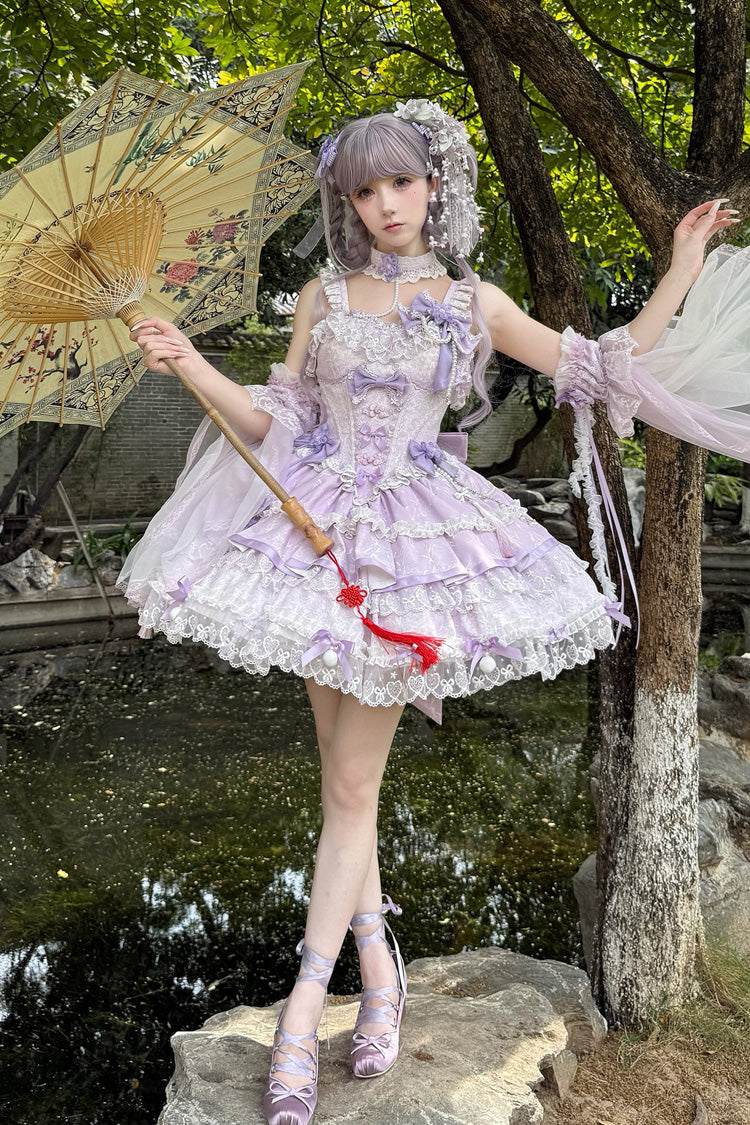 Violet Cherry Prelude Square Collar Sleeveless Jacquard Ruffled Bow Pearl Lace JSK