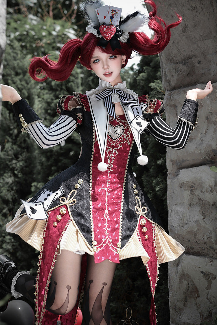 Black/Red Stand Collar Gothic Dress Set with Jacquard