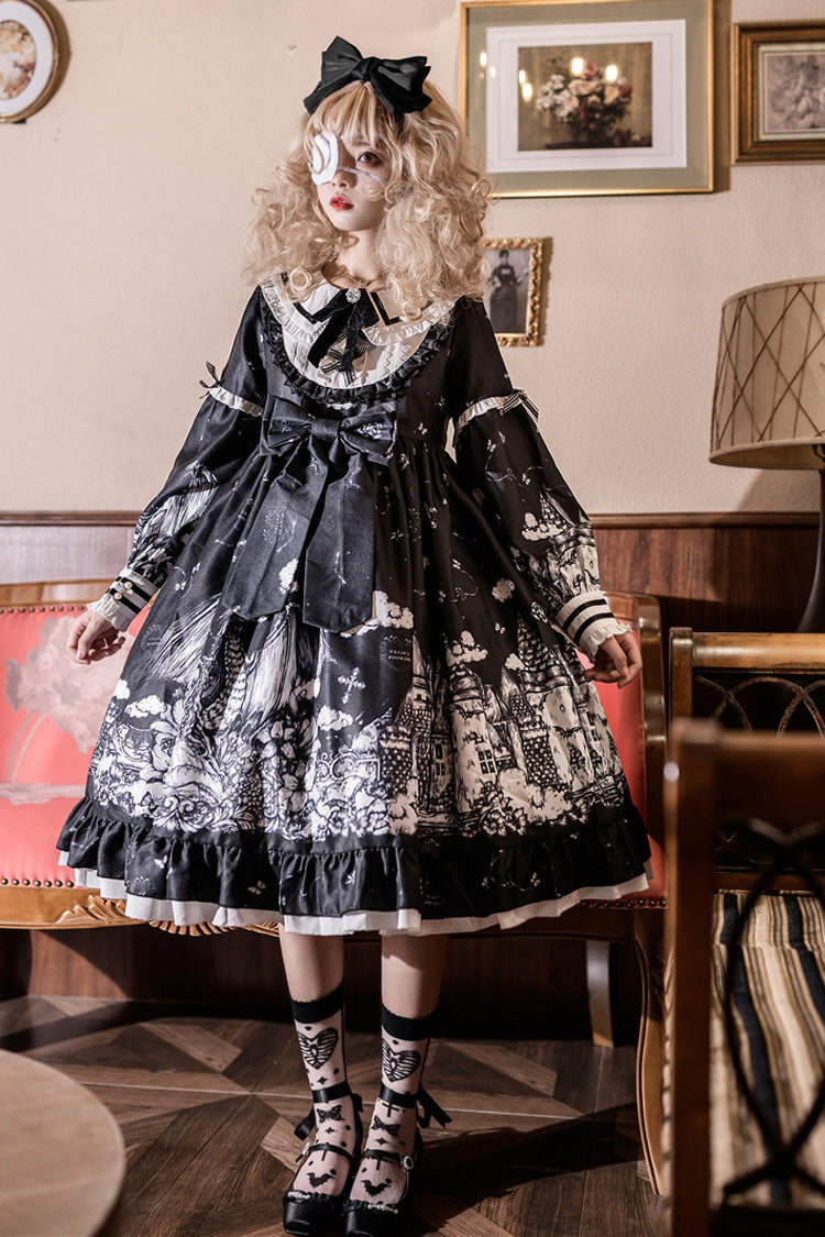 Long-Sleeve Ruffled Bow Gothic Dress in Black