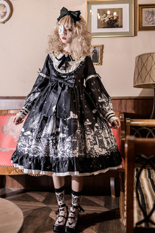 Long-Sleeve Ruffled Bow Gothic Dress in Black