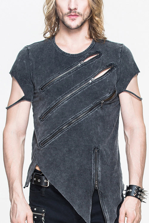 Punk Faded Zip-Up Tee with Rock Motif for Men