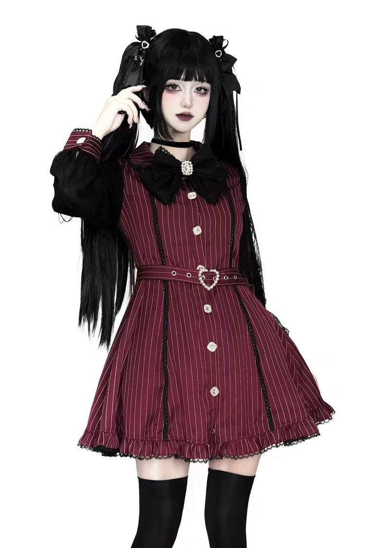 Scarlet Striped Cape Ruffle Lace Gothic Jirai Kei Gown