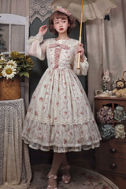 Blush Rose Print Layered Ruffled Sweet Lolita JSK Dress