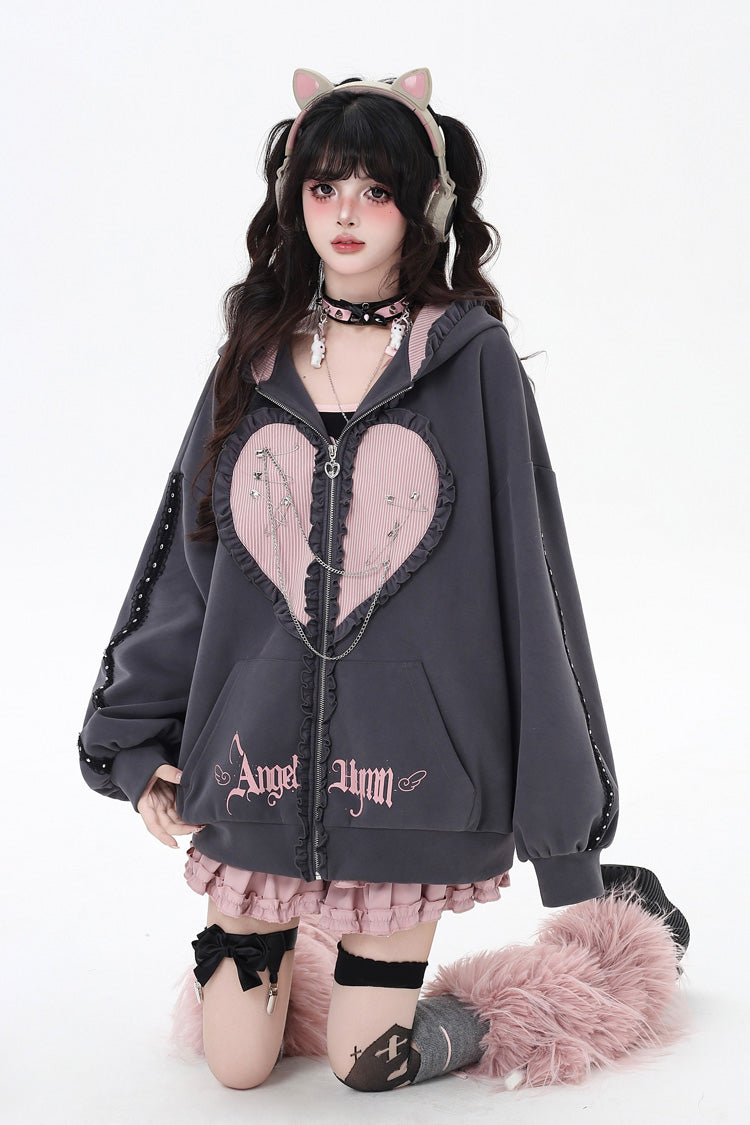 Heart Print Hooded Zipper Coat with Bunny Ears - Striped Bunny Ears