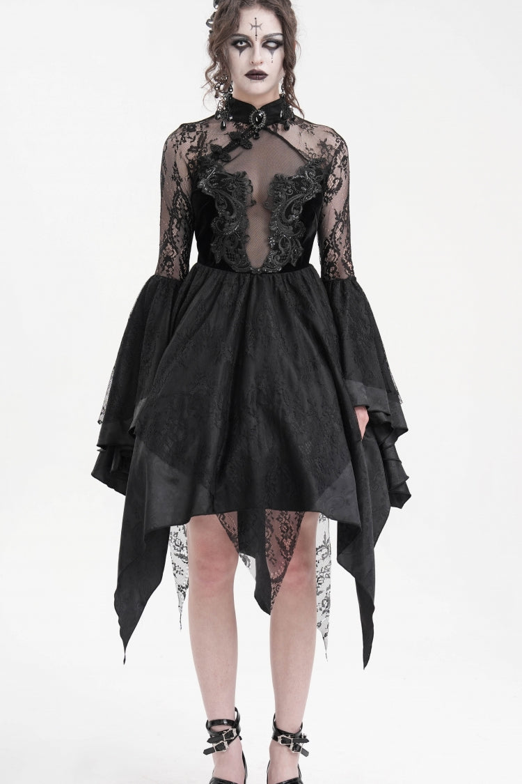 Black Long Sleeves Embroidery Lace Up Irregular Mesh Gothic Dress
