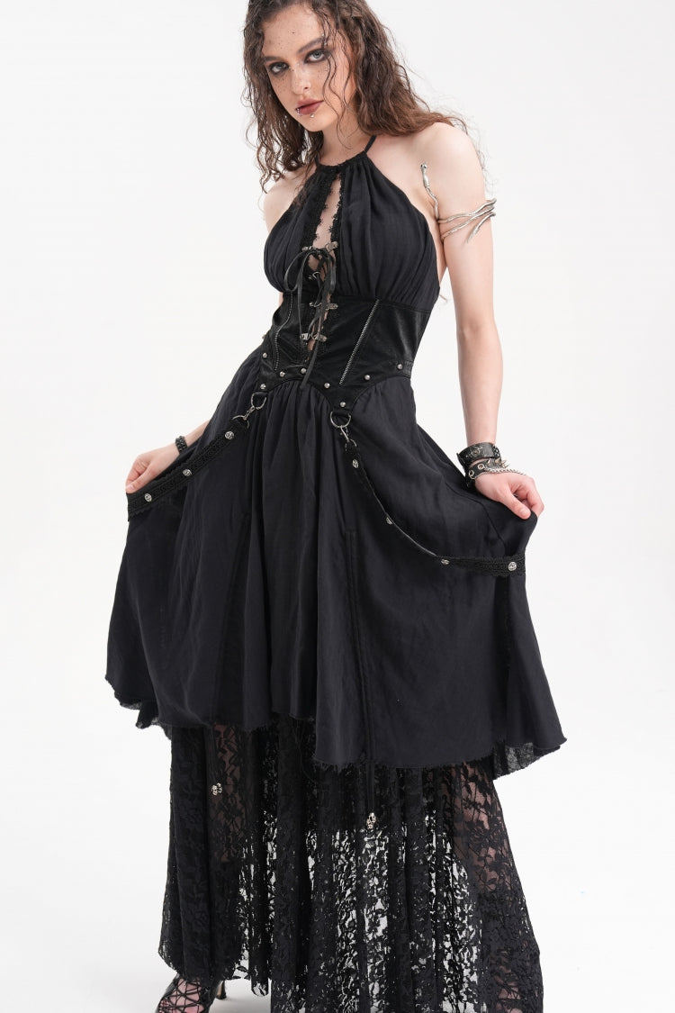 Alluring Black Hollow Lace Halter Gothic Strap Maxi Gown