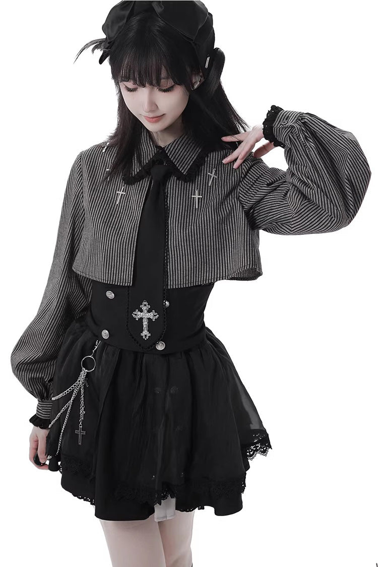 Hymn of the Cross Gothic Ruffled Asymmetric Chain Skirt Set - Black
