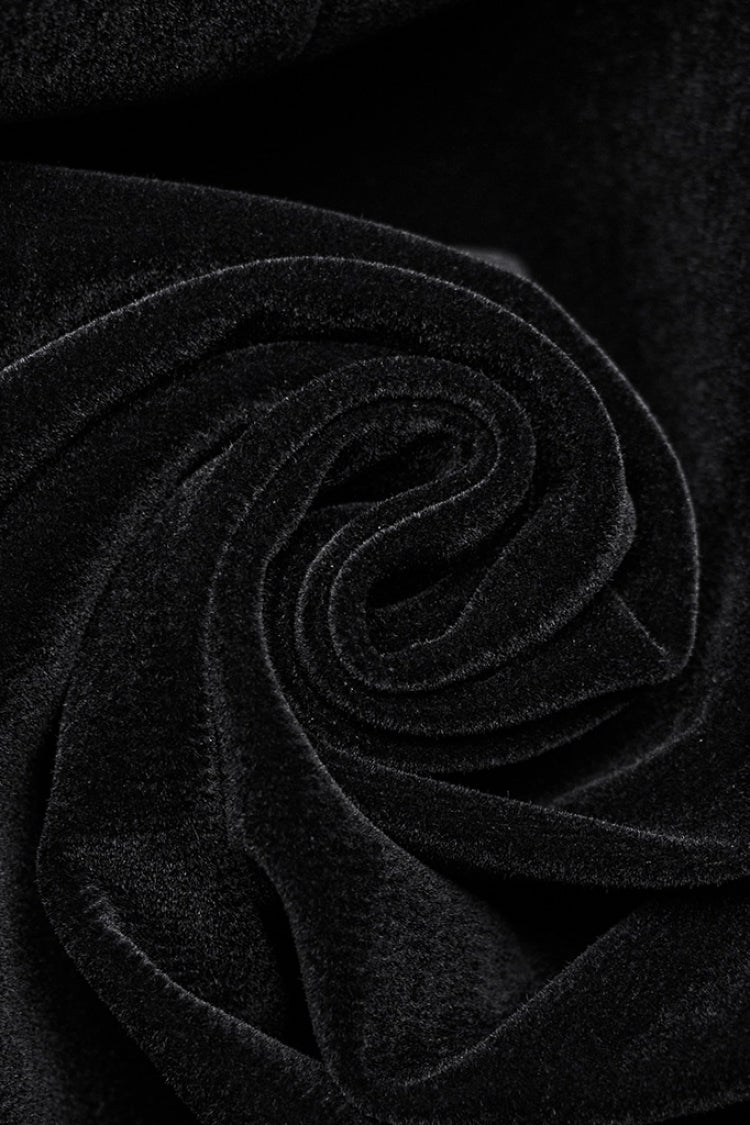 Jet-Black Gothic Coat with Puffed Sleeves and Floral Embroidery