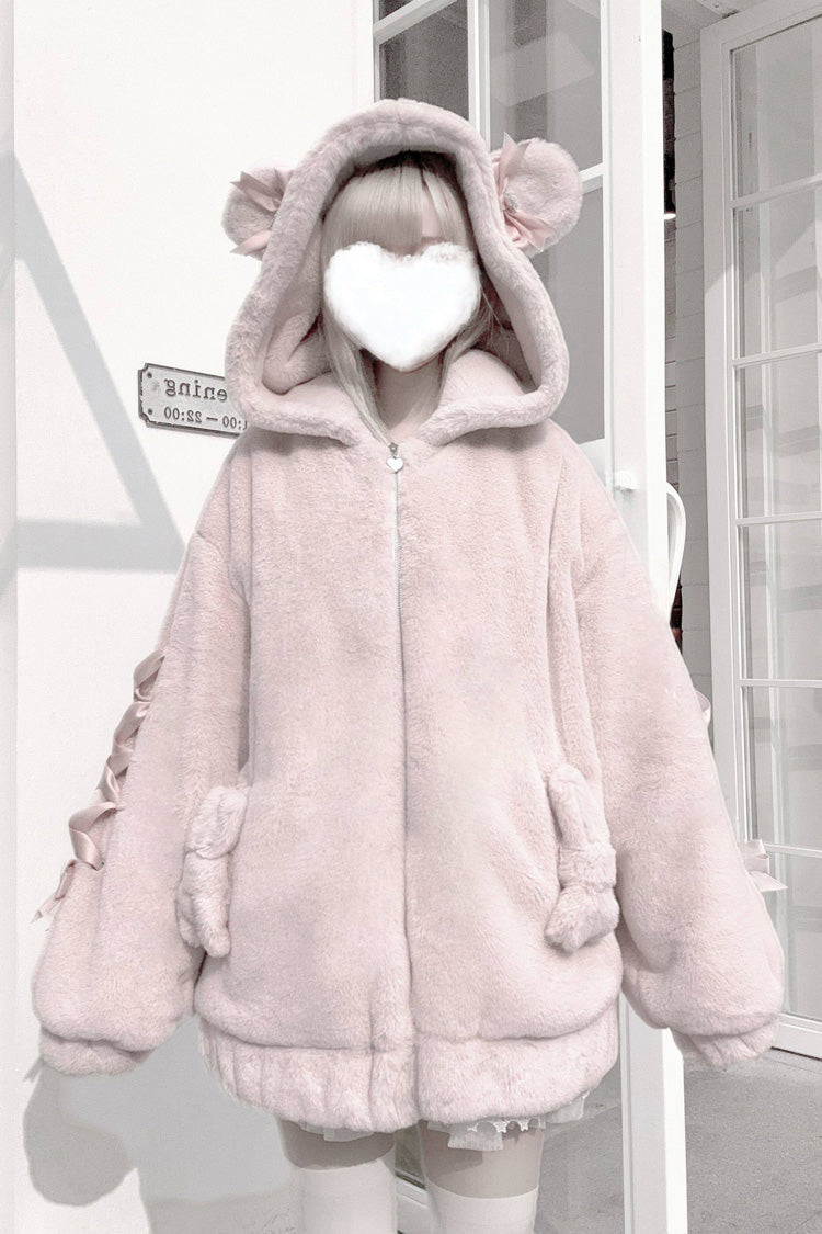 Sleepy Bear Fluffy Japanese Jirai Kei Coat with Bow and Lace-Up