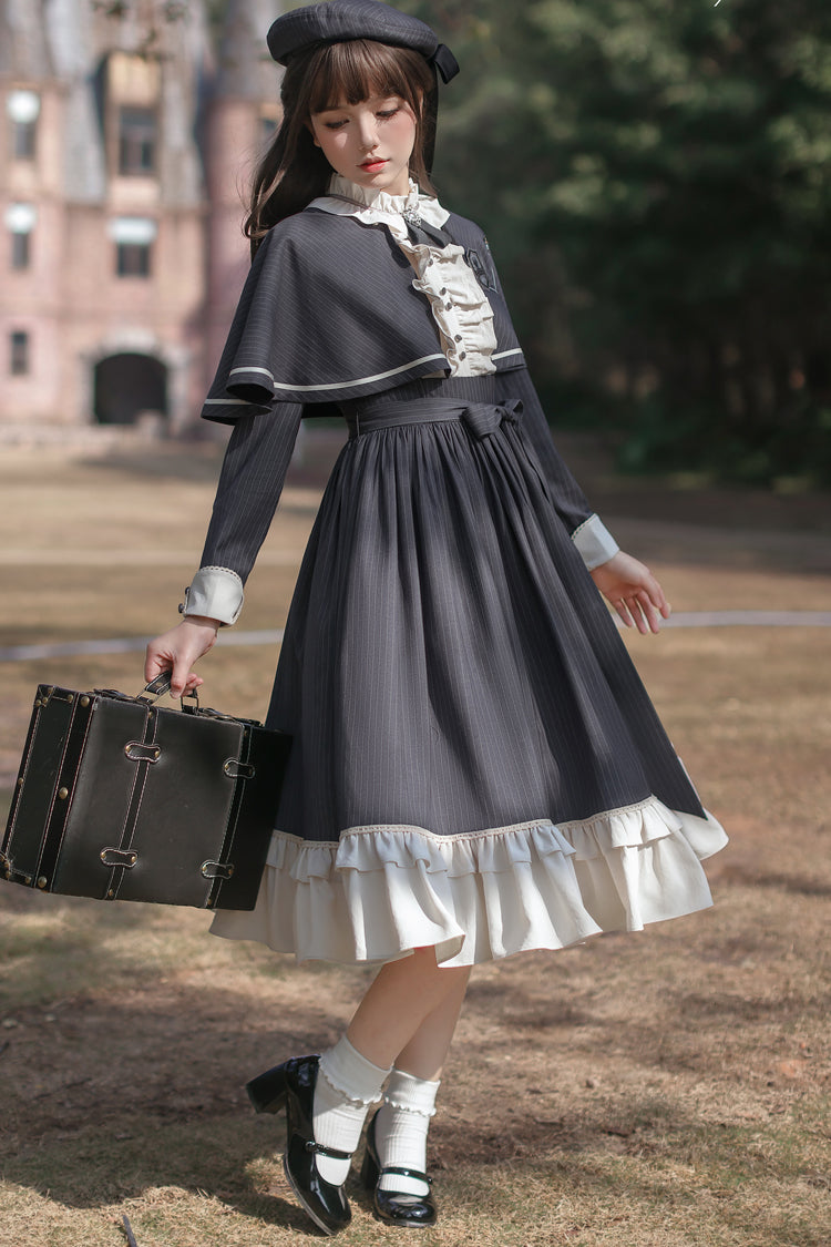 Striped Ruffle Bowknot Long Sleeve College Style Lolita Dress Dark Blue