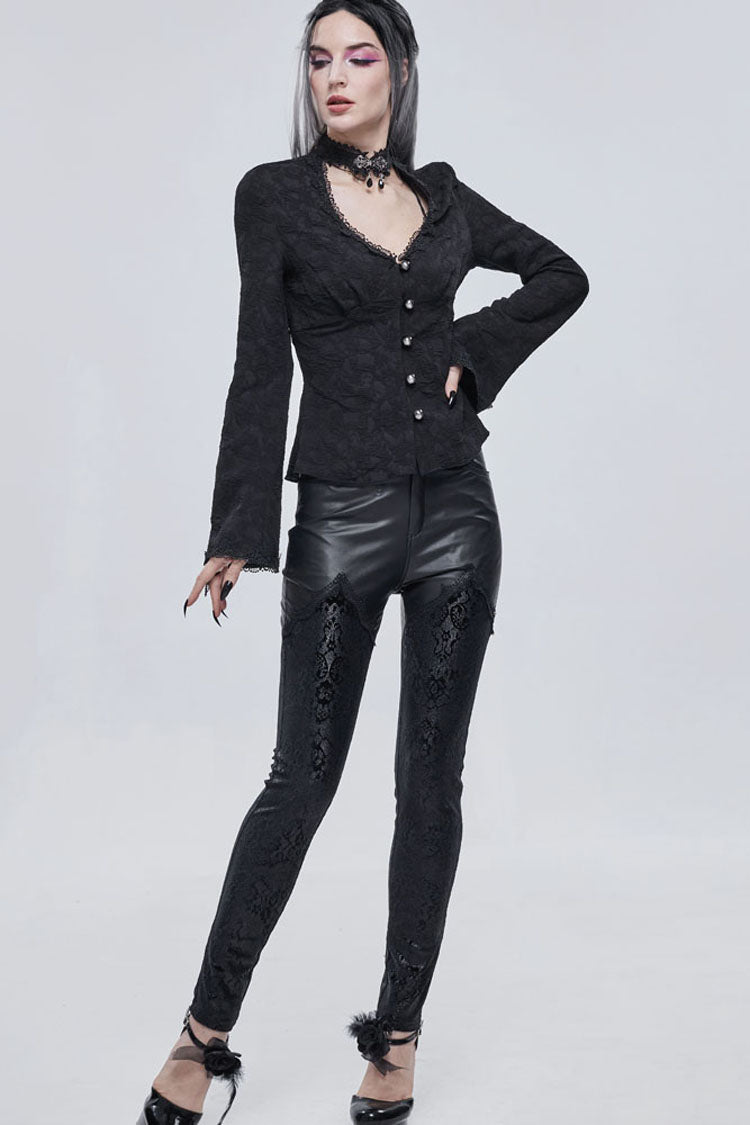 Gothic Shirt with V-Neck, Metal Buttons, Lace Jacquard, Frenulum Sleeves
