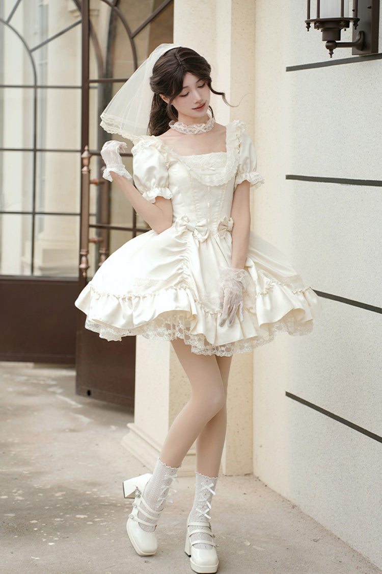 Ivory Square Neck Ruffle Bridal Bow Elegant Gown