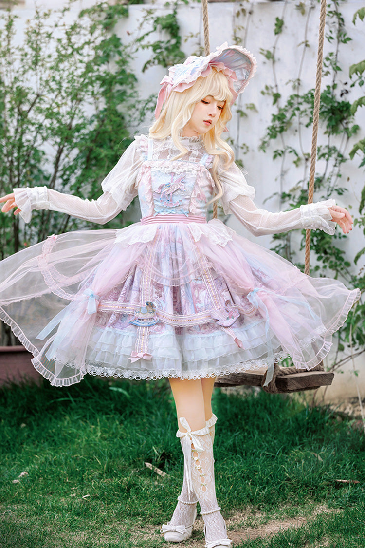 Pink Blue Multi Print Ruffle Bow Lace Sweet Gorgeous Lolita Jsk Dress