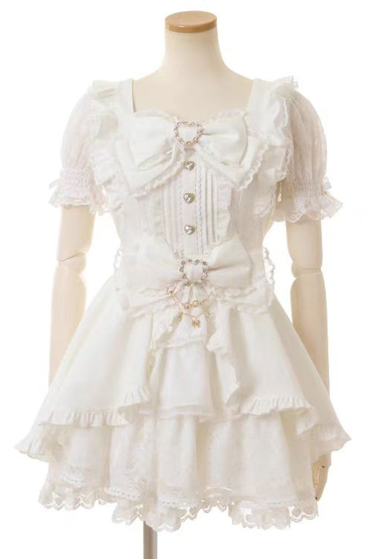 Cute Square-Neck Bow-Trimmed Short-Sleeve Lace Dress Set in Three Colors