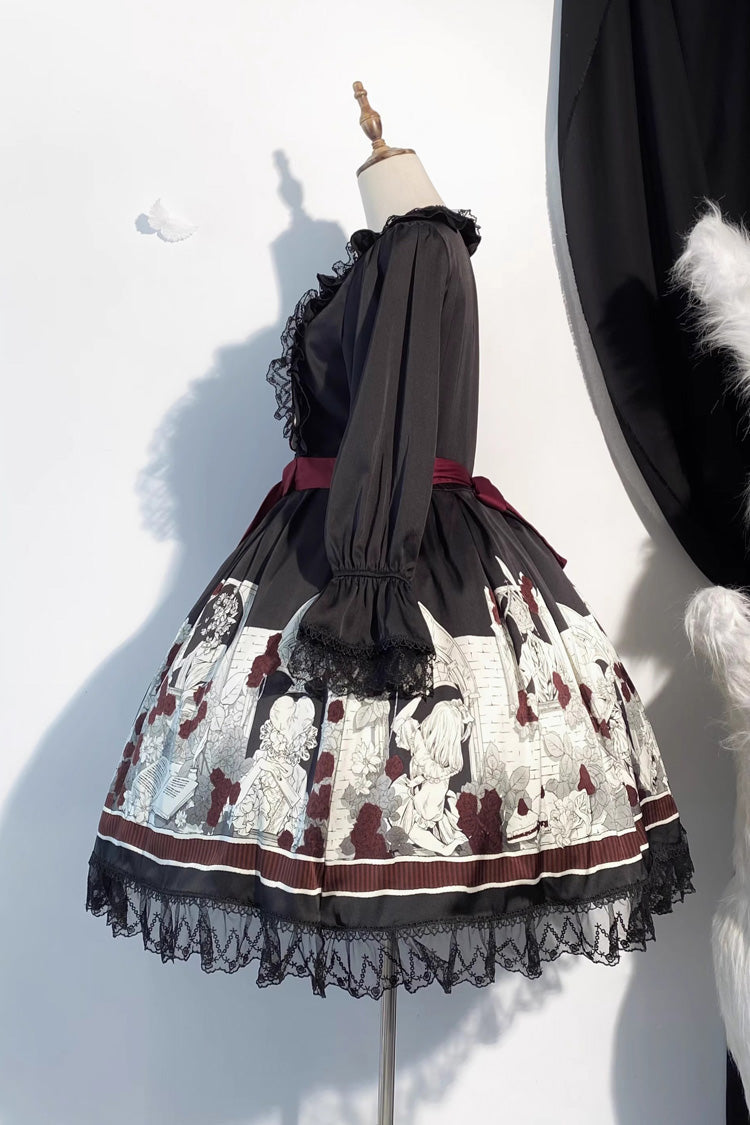 Black Alice of the Asylum Print Bow Lace Gothic Lolita Dress Two Versions