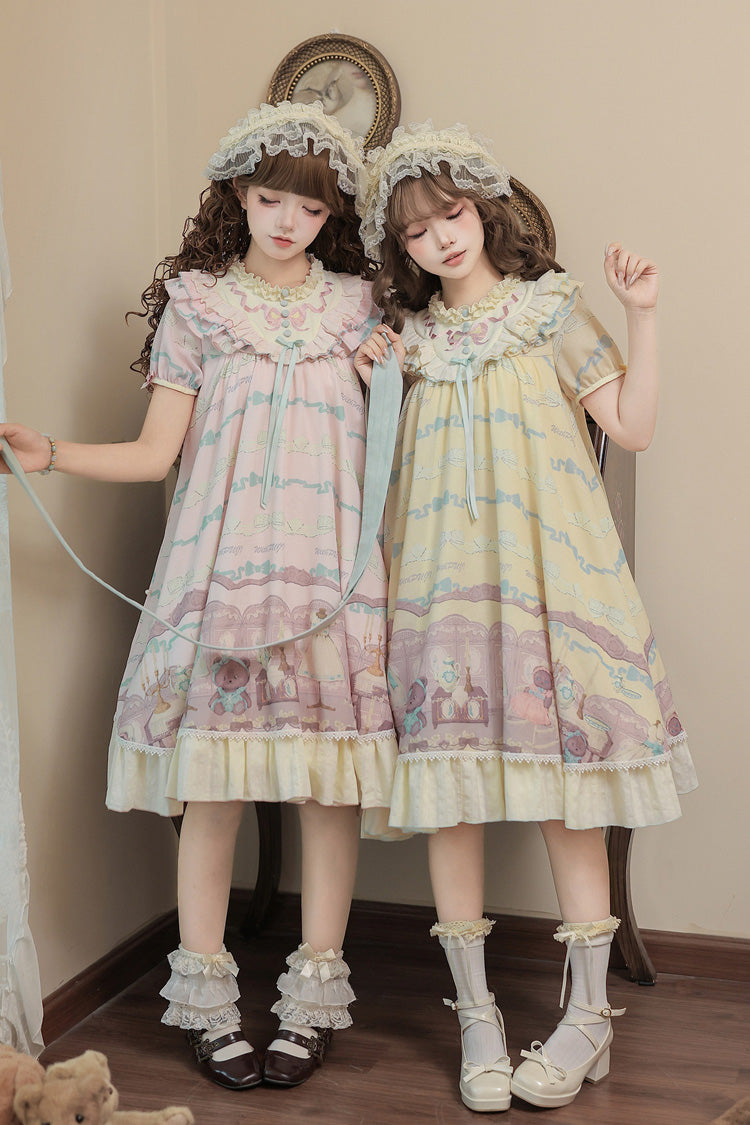 Brown Dollhouse Short Sleeves Bear Printed Ruffled Bow Sweet Lolita Dress Set - Pink