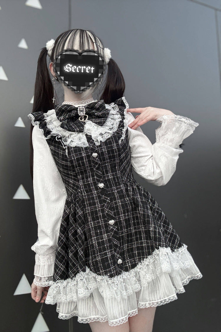 Black Plaid Print Ruffle Bow Lace Sweet Jirai Kei Dress with Shorts