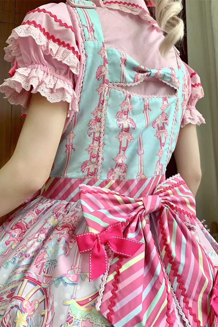 Sweet Lolita Strap Dress with Bowknot Ruffled Print in Two Hues - Candy Park