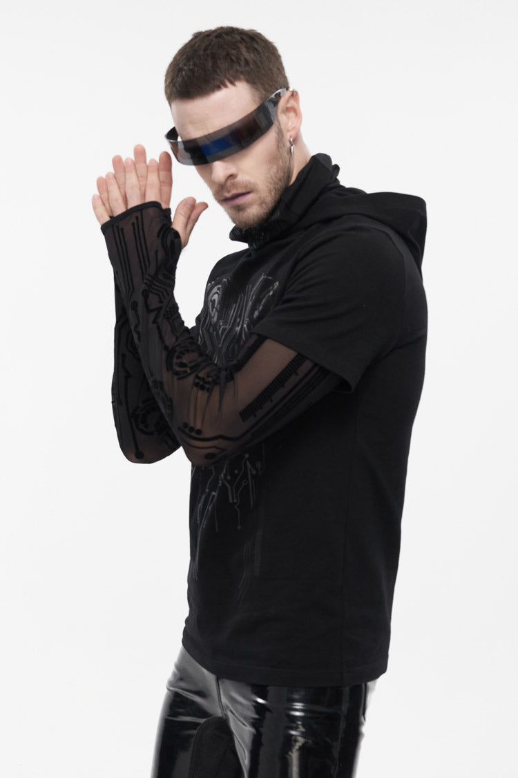 Mesh Paneled Hooded T-Shirt with Circuit Print for Men