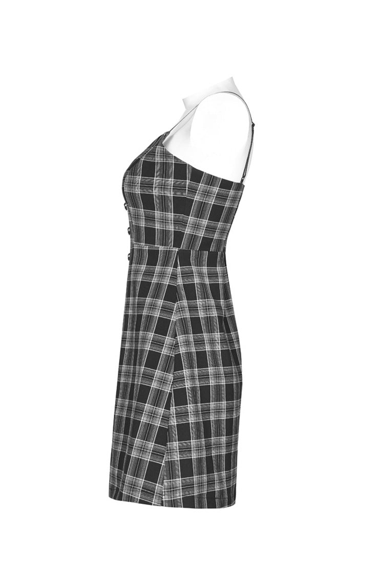 Plaid Skull Studded Belt Punk Suspender Dress - Black/White