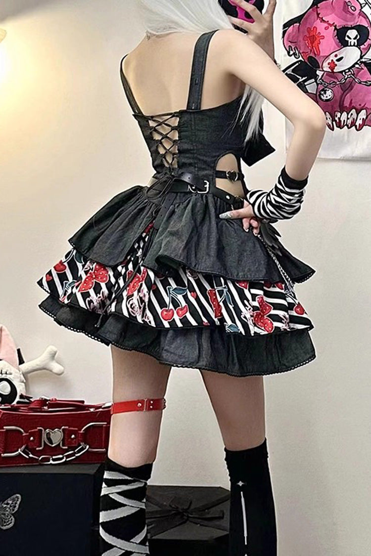 Triple-Layered Denim Print Ruffle JSK in Black