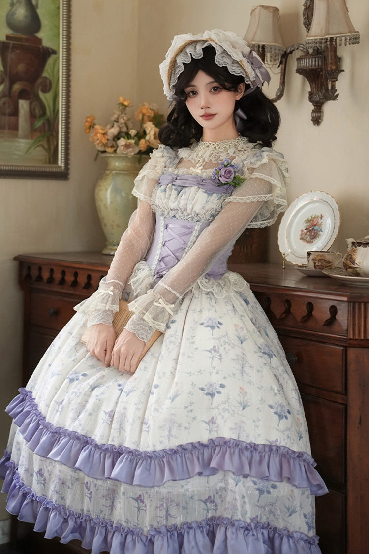 Double-Layer Print Ruffle Bow Lace-Up Fake Two Piece Sweet Lolita Jumper Dress - Purple Ivory